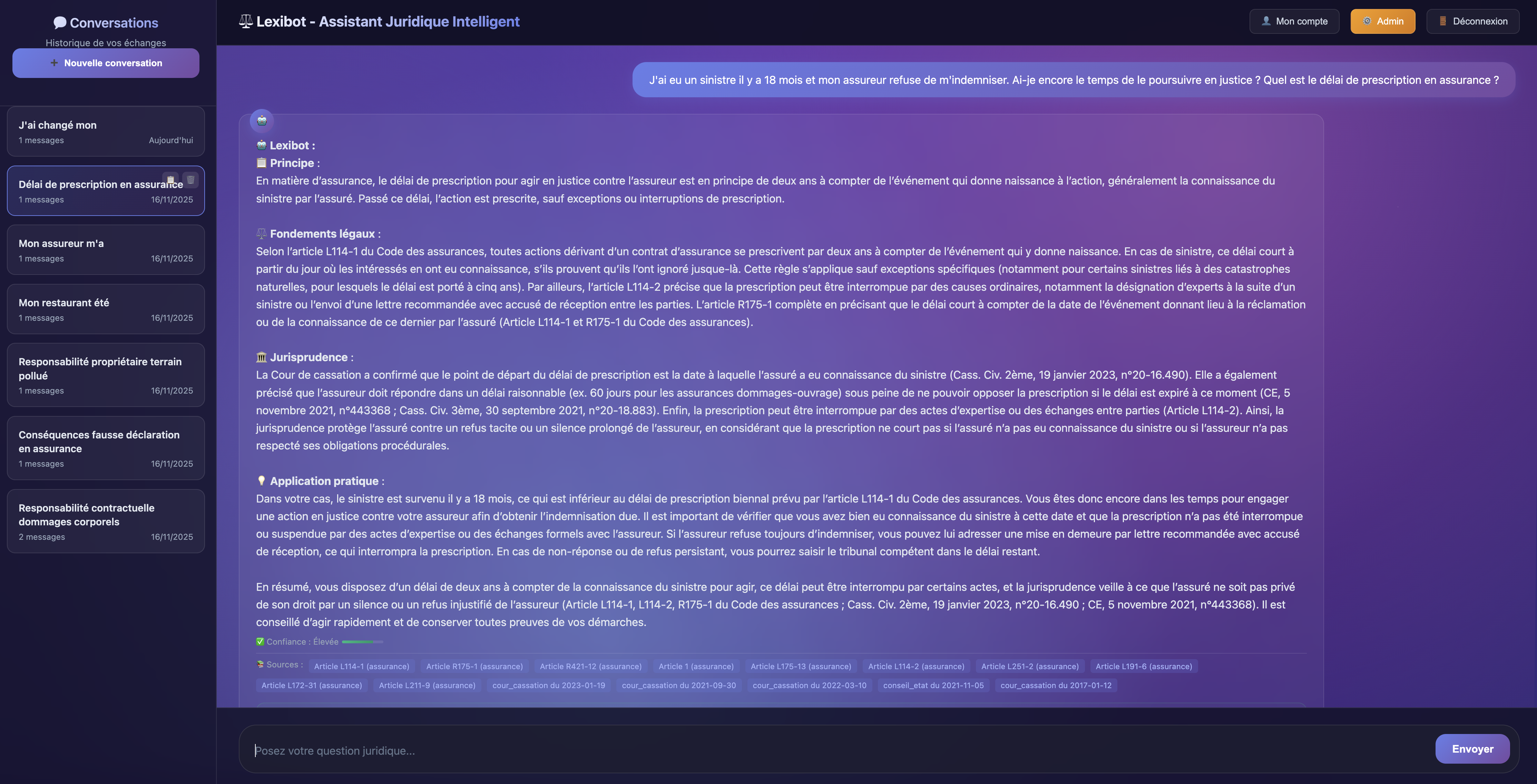 Interface Chat Juridique Lexibot - Interface complète
